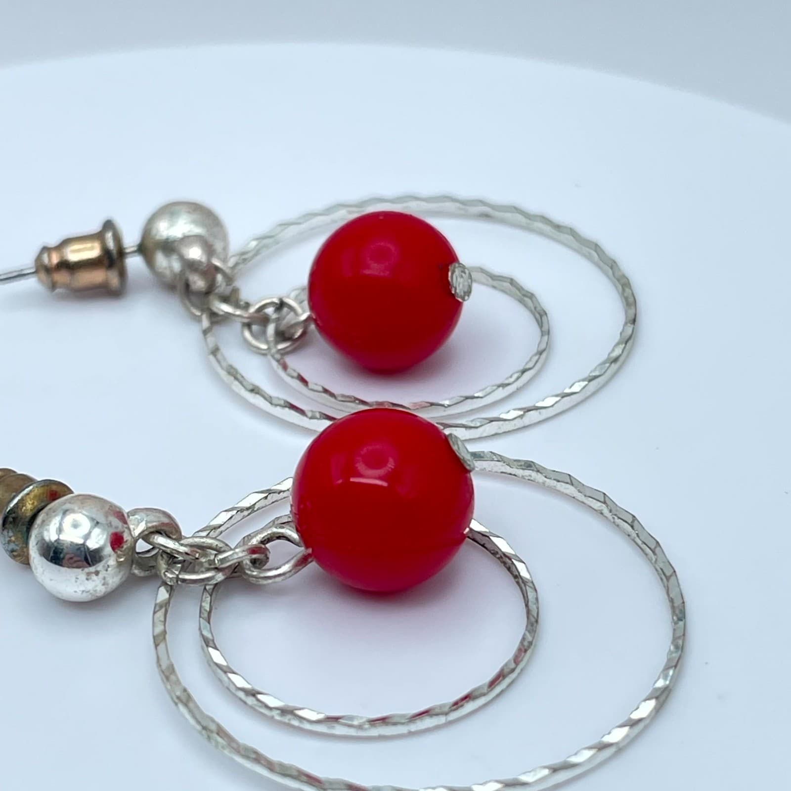 Bohemian-Chic Silver-Tone Red Ball Bead Double Wire Circle Dangle Hoop Earrings - Thumbnail 8