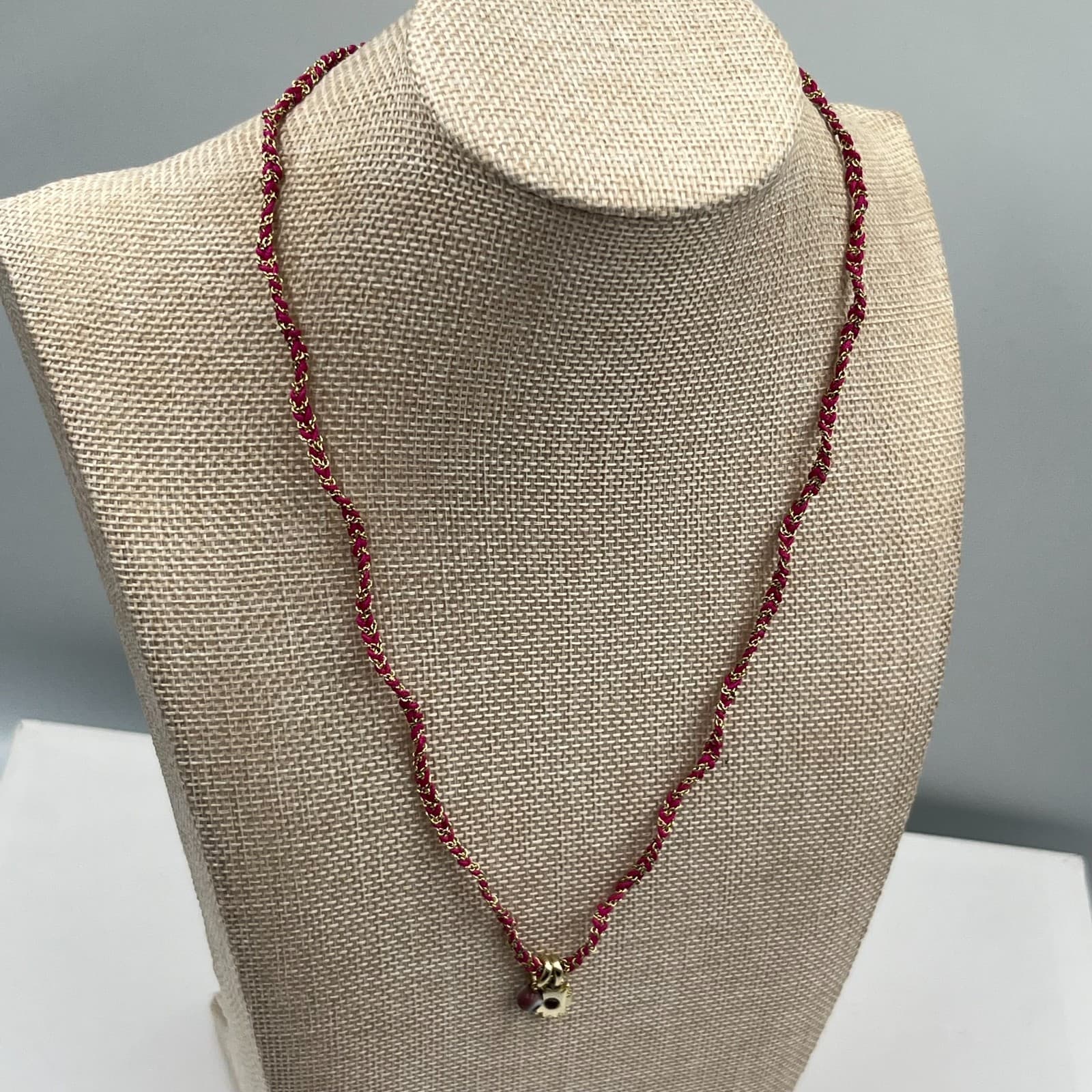 Vintage Boho Evil Eye Sun Pendant Necklace Braided Pink Cord Tassel Adjustable - Thumbnail 5