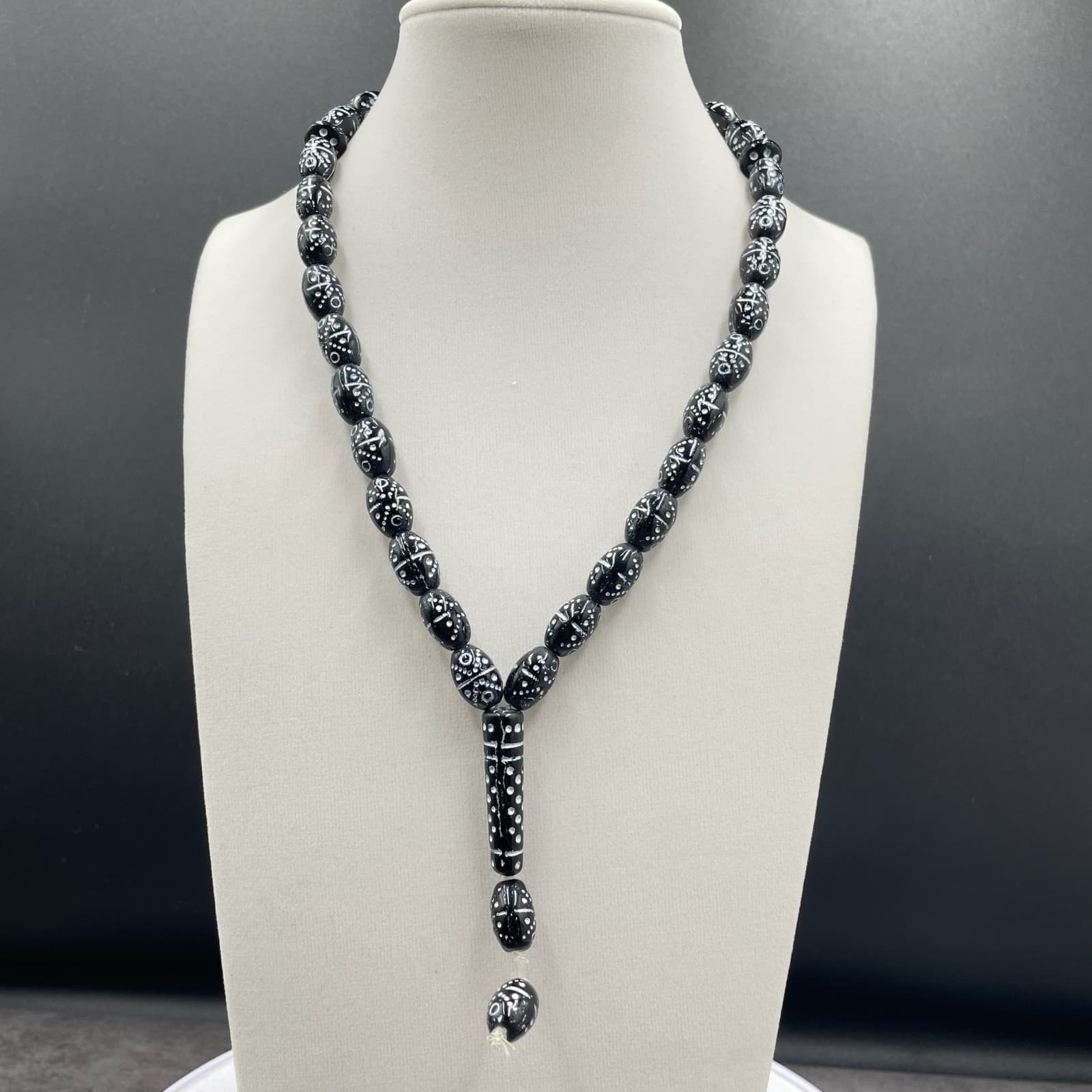 Vintage Black White Mina Micro Zircon Traditional Praying Beads - Size 27" - Thumbnail 2