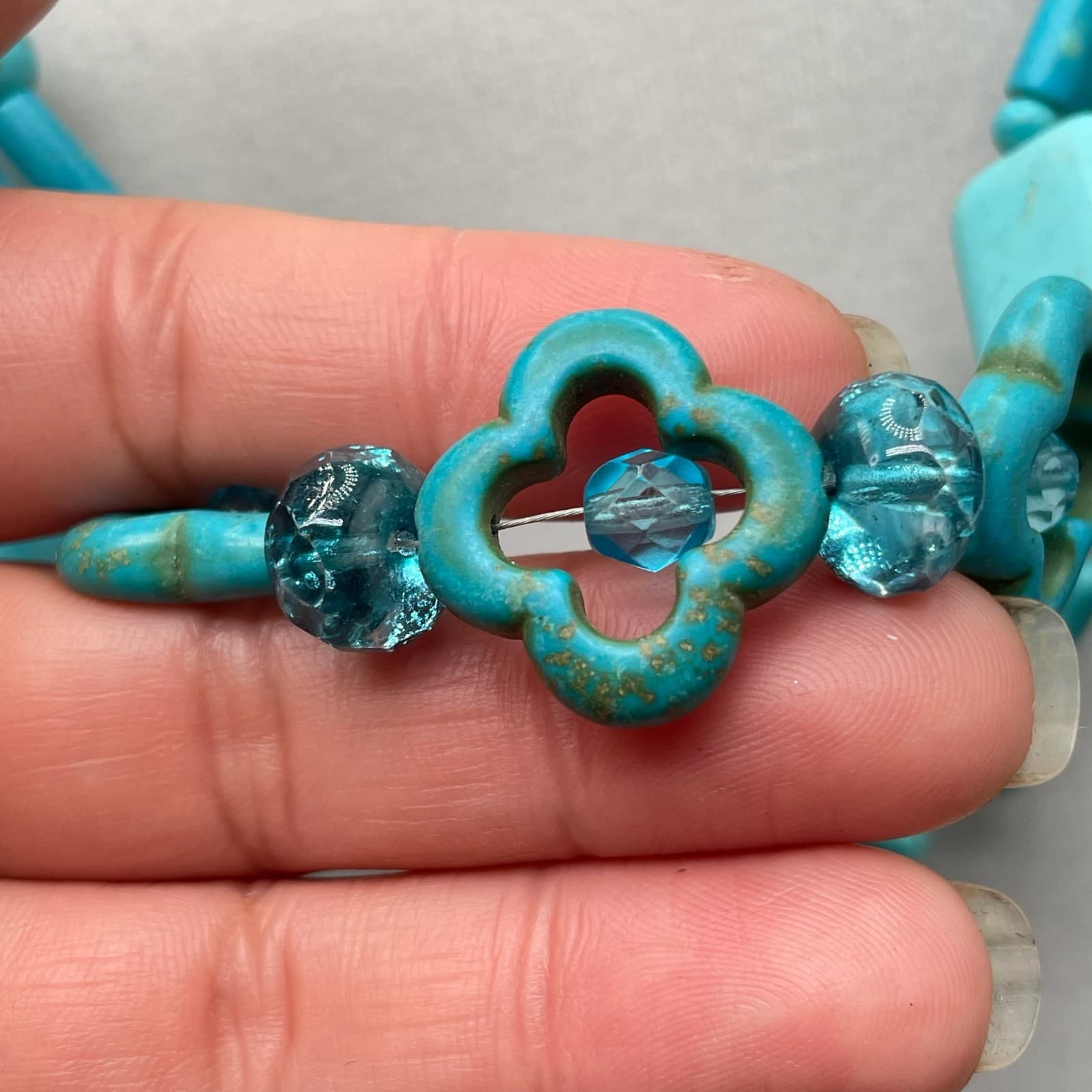 Vintage Trending Teal Cross Sign Howlite Turquoise and Coral Beaded Pendant - Thumbnail 12