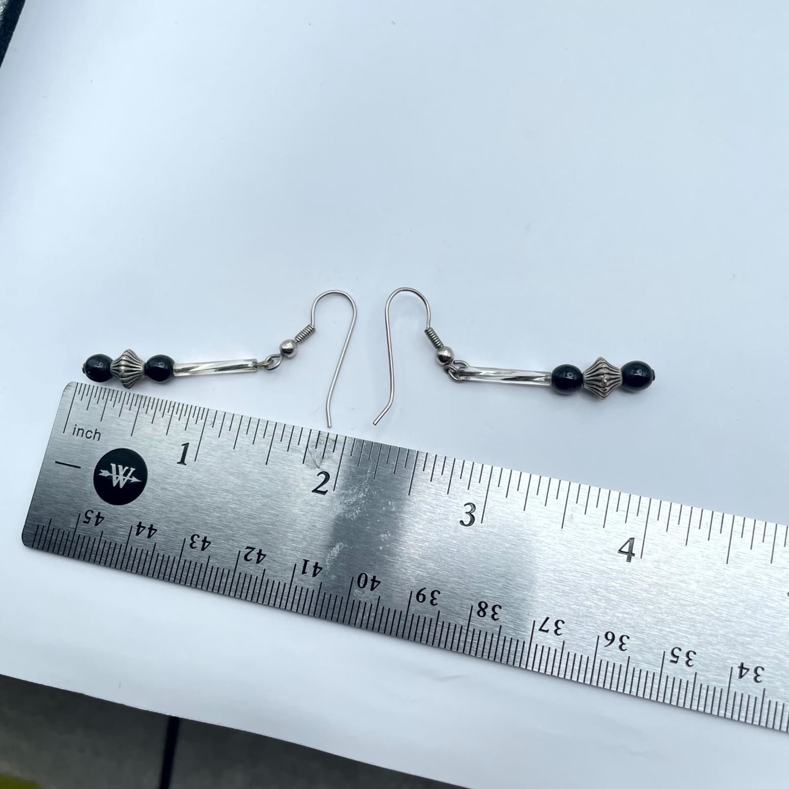 Vintage Silver-Tone Classic Modernist Boho Black Bead Linear Dangle Hook Earring - Thumbnail 2