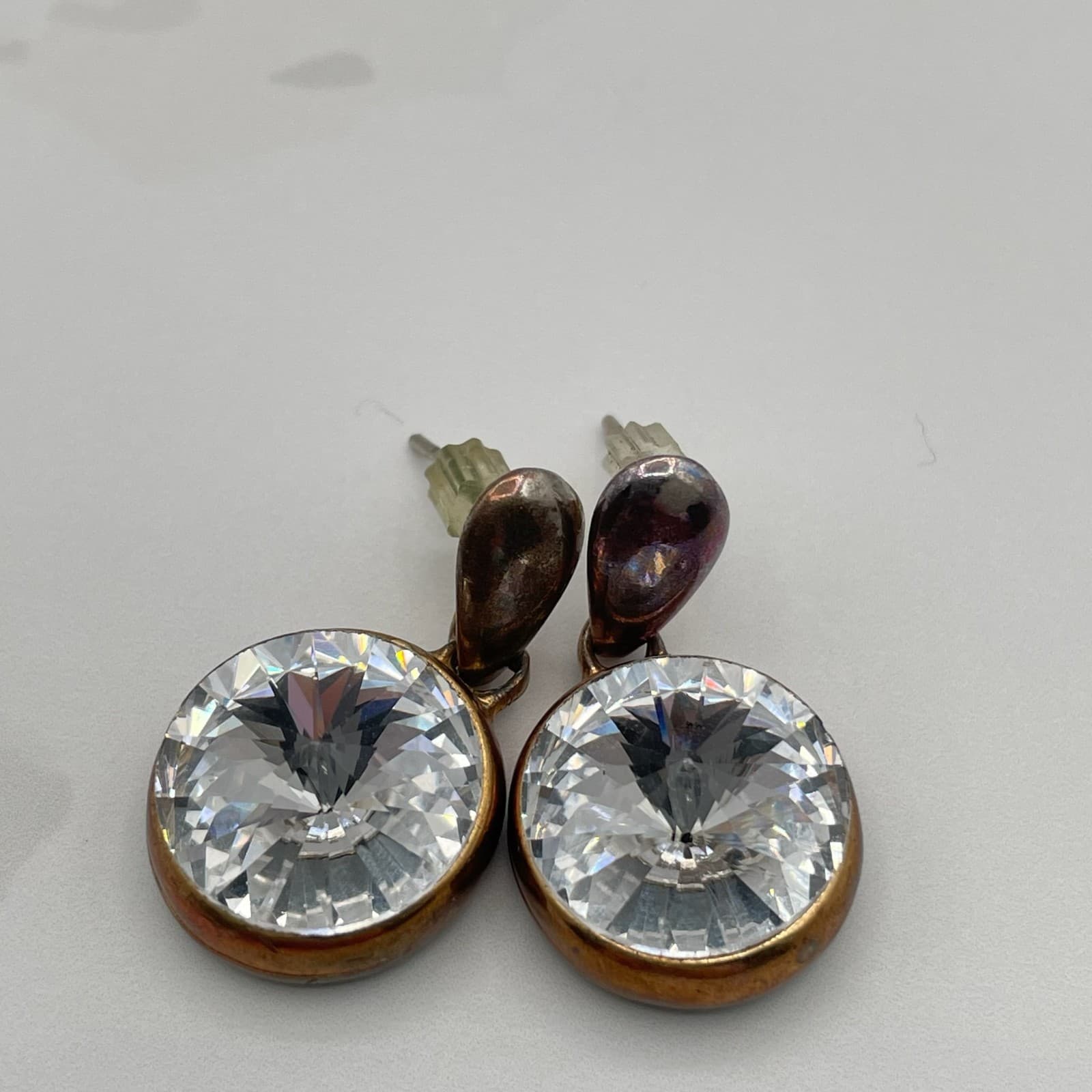 Vintage VTG Cubic Zirconia Drop Earrings Clear CZ Copper Patina Post Dangle 15mm - Thumbnail 7