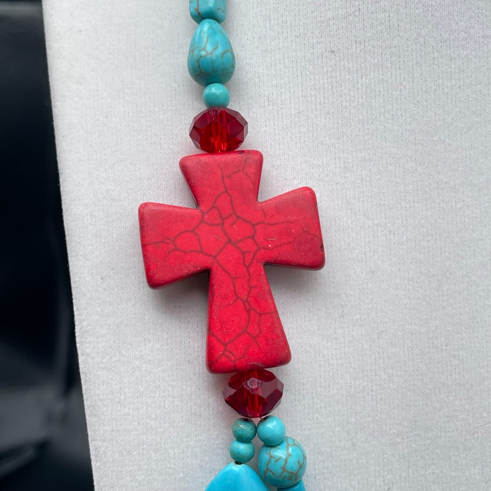 Vintage Trending Teal Cross Sign Howlite Turquoise and Coral Beaded Pendant - Thumbnail 9