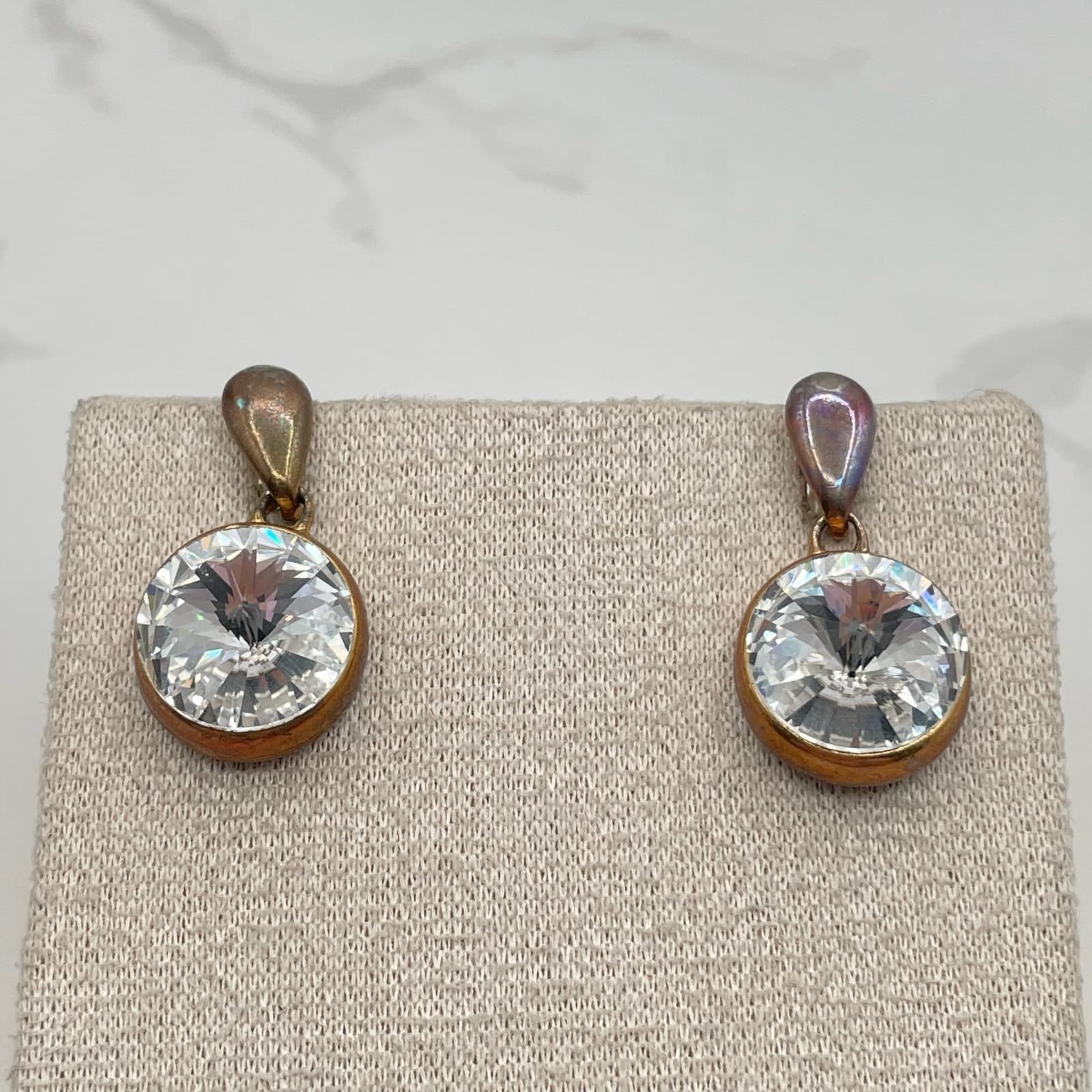 Vintage VTG Cubic Zirconia Drop Earrings Clear CZ Copper Patina Post Dangle 15mm - Thumbnail 9