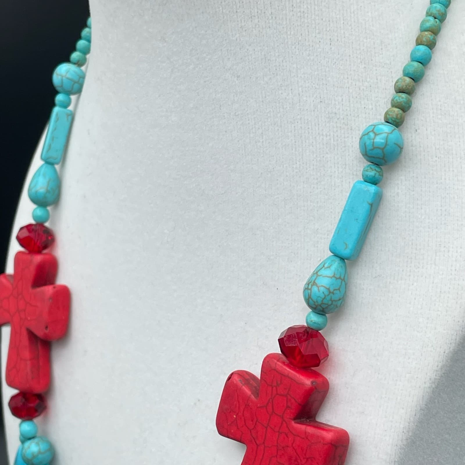 Vintage Trending Teal Cross Sign Howlite Turquoise and Coral Beaded Pendant - Thumbnail 15