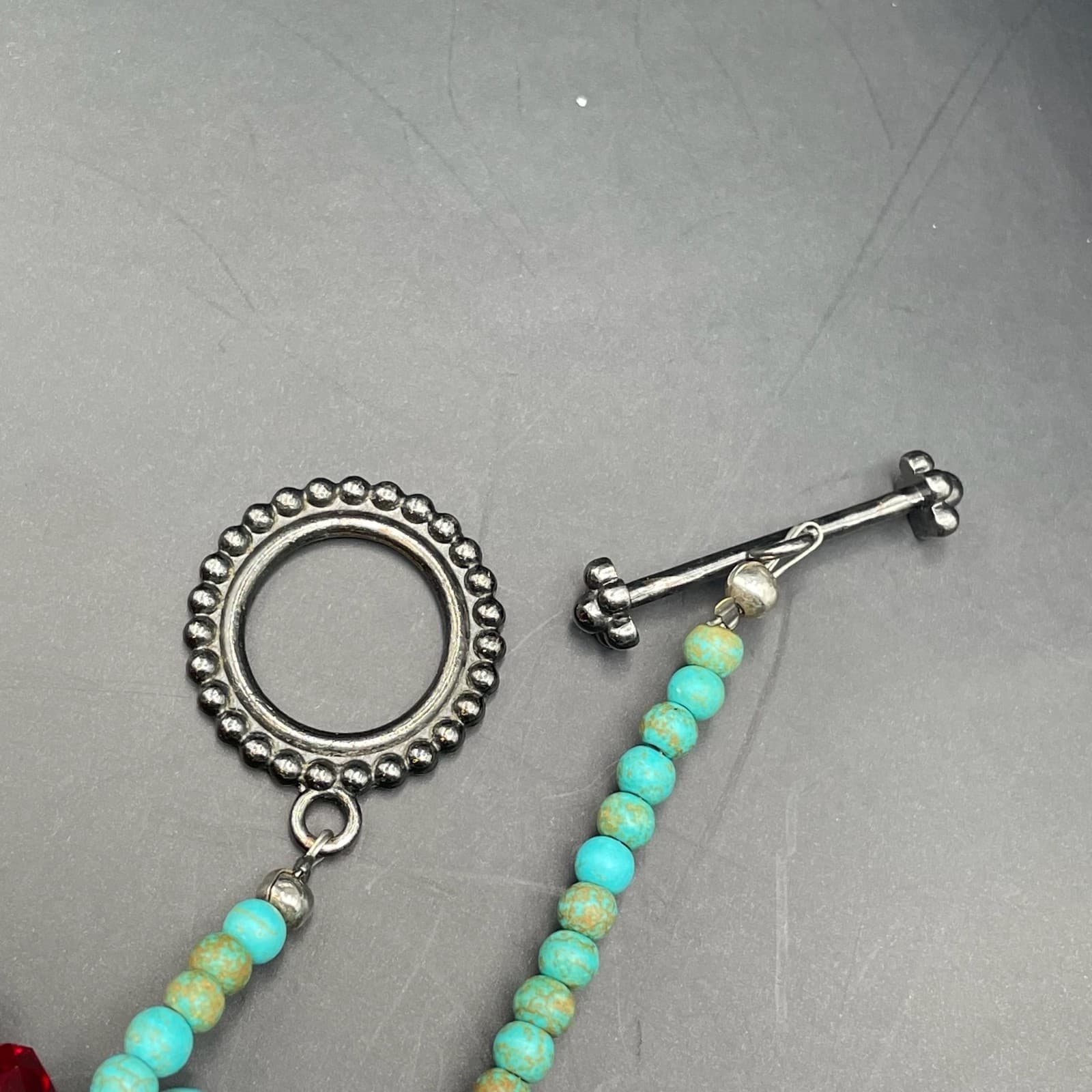 Vintage Trending Teal Cross Sign Howlite Turquoise and Coral Beaded Pendant - Thumbnail 4