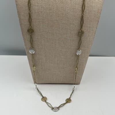 Vintage Long Gold Tone Link Necklace Textured Disc Stations Two Tone Minimalist - Thumbnail 2