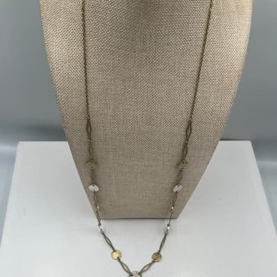 Vintage Long Gold Tone Link Necklace Textured Disc Stations Two Tone Minimalist - Thumbnail 4