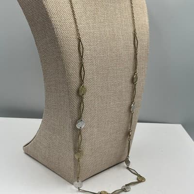 Vintage Long Gold Tone Link Necklace Textured Disc Stations Two Tone Minimalist - Thumbnail 6