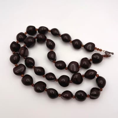 Vintage Chunky Brown Resin Bead Necklace Amber Spacer Beads Toggle Clasp - Image 1