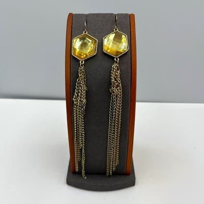 VTG Gold Tone Hexagon Pendant Necklace Earrings Set Yellow Faceted Stone Tassel - Image 1