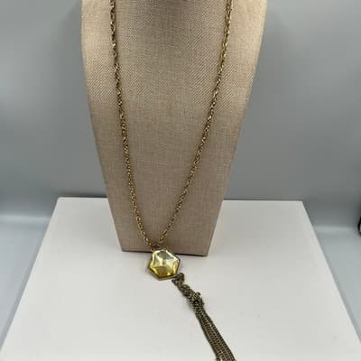 VTG Gold Tone Hexagon Pendant Necklace Earrings Set Yellow Faceted Stone Tassel - Thumbnail 2