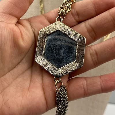 VTG Gold Tone Hexagon Pendant Necklace Earrings Set Yellow Faceted Stone Tassel - Thumbnail 7