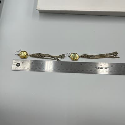 VTG Gold Tone Hexagon Pendant Necklace Earrings Set Yellow Faceted Stone Tassel - Thumbnail 15