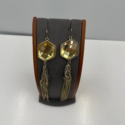 VTG Gold Tone Hexagon Pendant Necklace Earrings Set Yellow Faceted Stone Tassel - Thumbnail 11