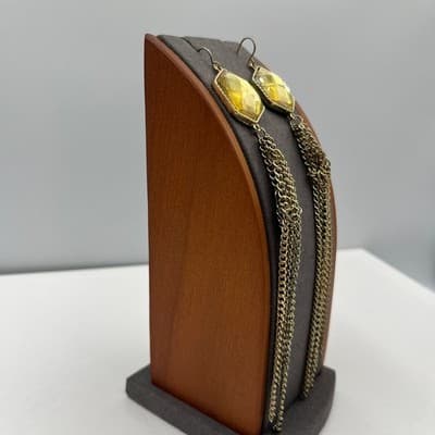 VTG Gold Tone Hexagon Pendant Necklace Earrings Set Yellow Faceted Stone Tassel - Thumbnail 13