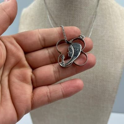 Vintage Silver Tone Abstract Mother Child Pendant Necklace Open Frame Minimalist - Thumbnail 4