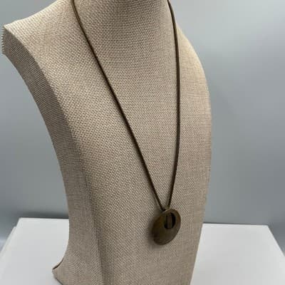 VTG Bronze Tone Modernist Circle Pendant Necklace Snake Chain Geometric Cutout - Thumbnail 6