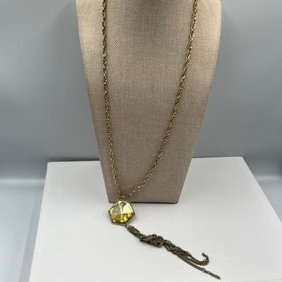 VTG Gold Tone Hexagon Pendant Necklace Earrings Set Yellow Faceted Stone Tassel - Thumbnail 8