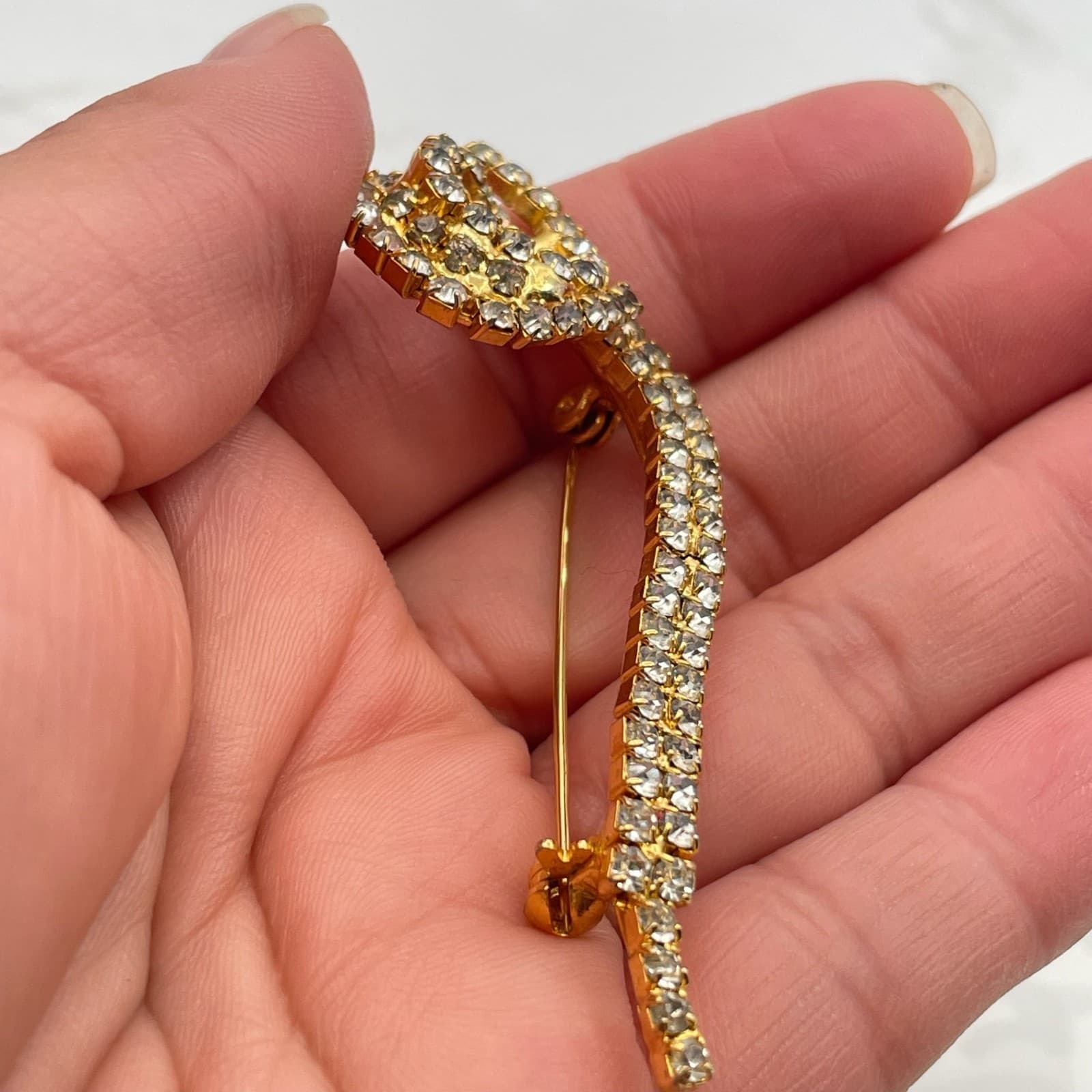 Vintage Gold Tone Brooch Clear Rhinestone Pave Abstract Scroll Snake Design Pin - Thumbnail 10