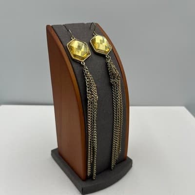 VTG Gold Tone Hexagon Pendant Necklace Earrings Set Yellow Faceted Stone Tassel - Thumbnail 12