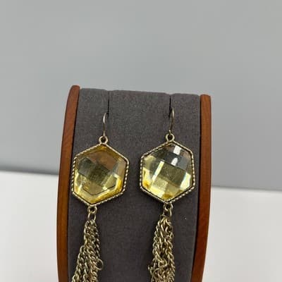 VTG Gold Tone Hexagon Pendant Necklace Earrings Set Yellow Faceted Stone Tassel - Thumbnail 10