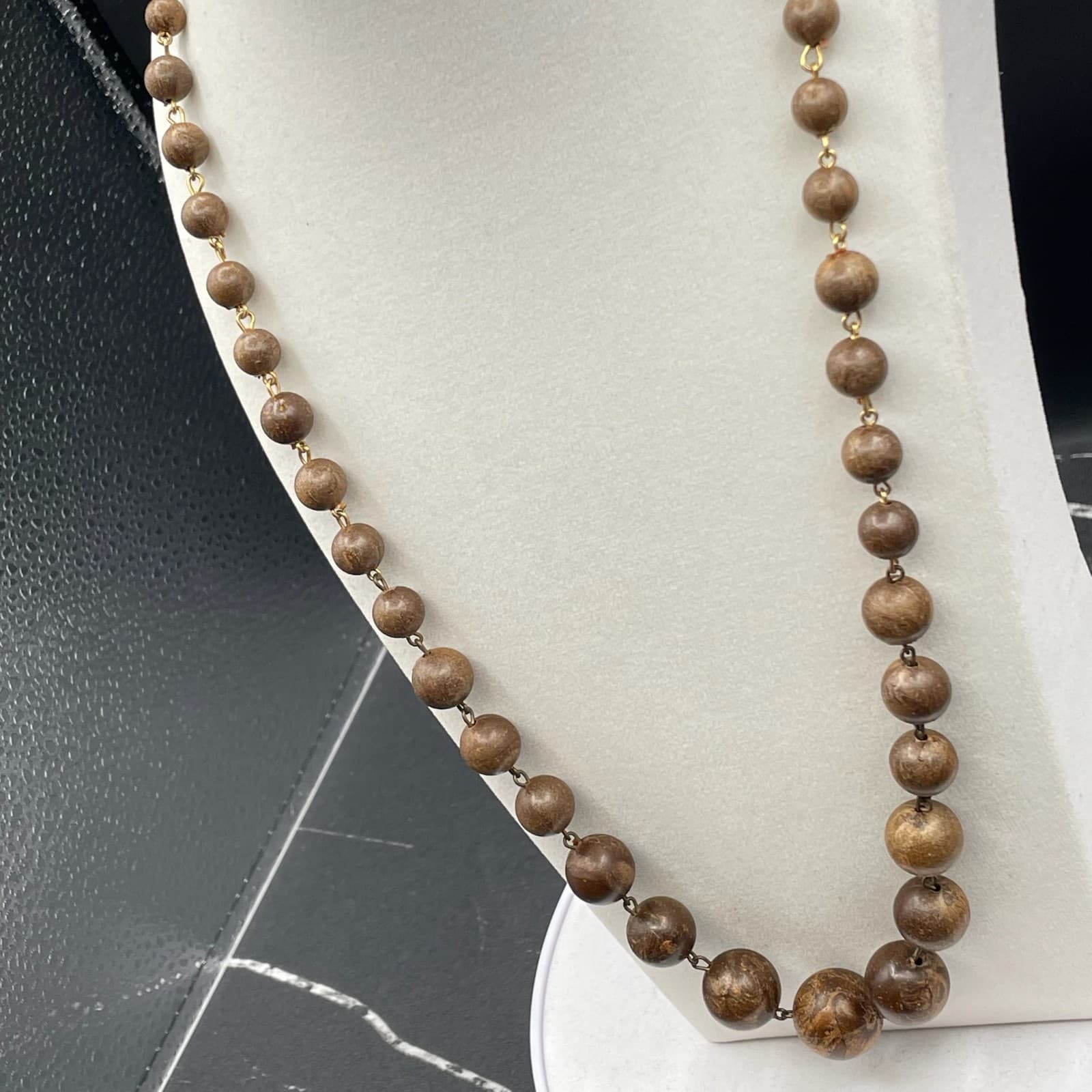 Vintage Womens Brown Wooden Beaded Metal Links 14.5" Long Fashion Necklace - Thumbnail 5