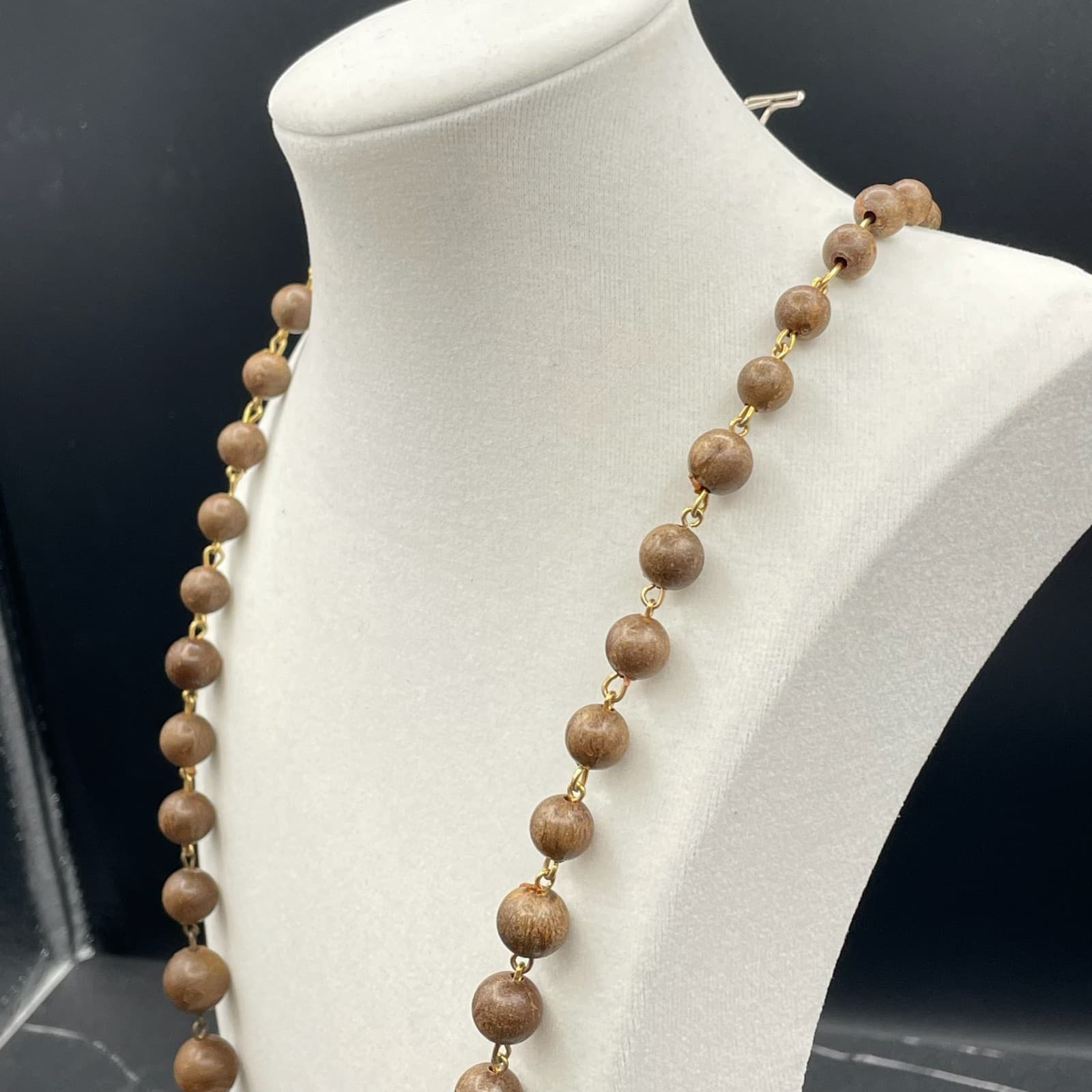 Vintage Womens Brown Wooden Beaded Metal Links 14.5" Long Fashion Necklace - Thumbnail 7