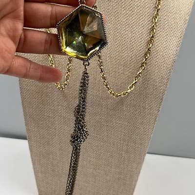 VTG Gold Tone Hexagon Pendant Necklace Earrings Set Yellow Faceted Stone Tassel - Thumbnail 6