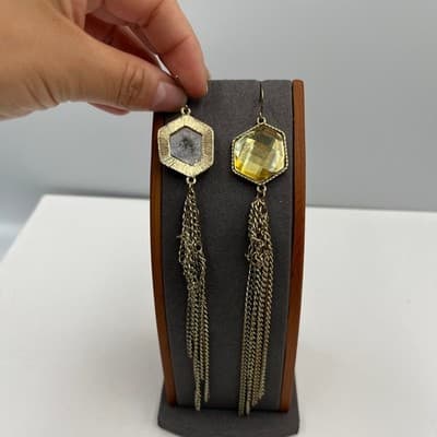 VTG Gold Tone Hexagon Pendant Necklace Earrings Set Yellow Faceted Stone Tassel - Thumbnail 14