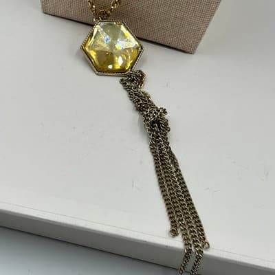 VTG Gold Tone Hexagon Pendant Necklace Earrings Set Yellow Faceted Stone Tassel - Thumbnail 5
