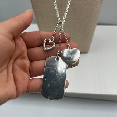 Vintage Silver Tone "Be Be Be" Dog Tag Necklace Heart Charms Rhinestone Accent - Image 1