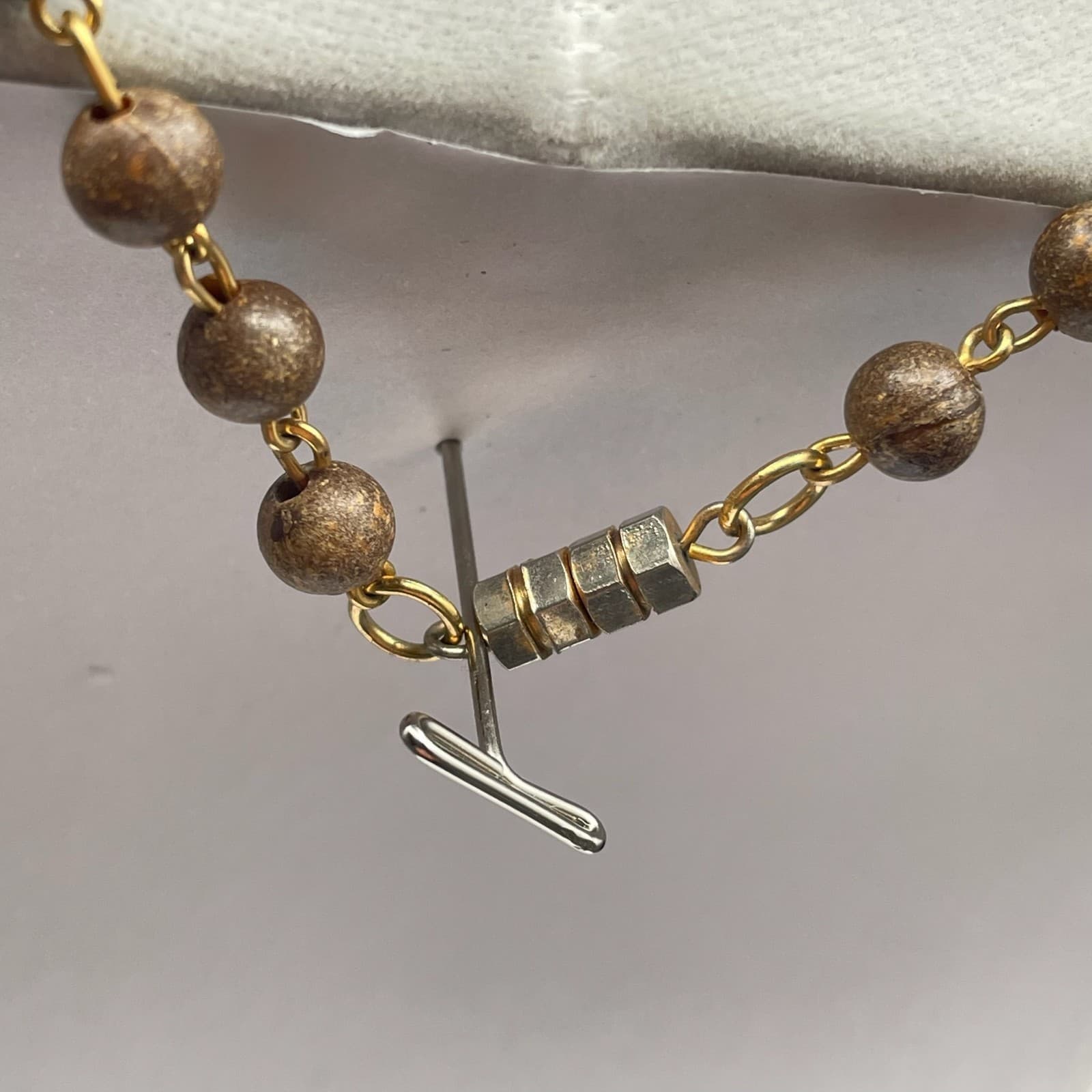 Vintage Womens Brown Wooden Beaded Metal Links 14.5" Long Fashion Necklace - Thumbnail 10