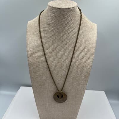 VTG Bronze Tone Modernist Circle Pendant Necklace Snake Chain Geometric Cutout - Thumbnail 3