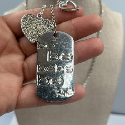Vintage Silver Tone "Be Be Be" Dog Tag Necklace Heart Charms Rhinestone Accent - Thumbnail 6