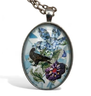 Vintage Raven Crow Gothic Oval Pendant Necklace Cameo, Silver Tone Occult - Image 1