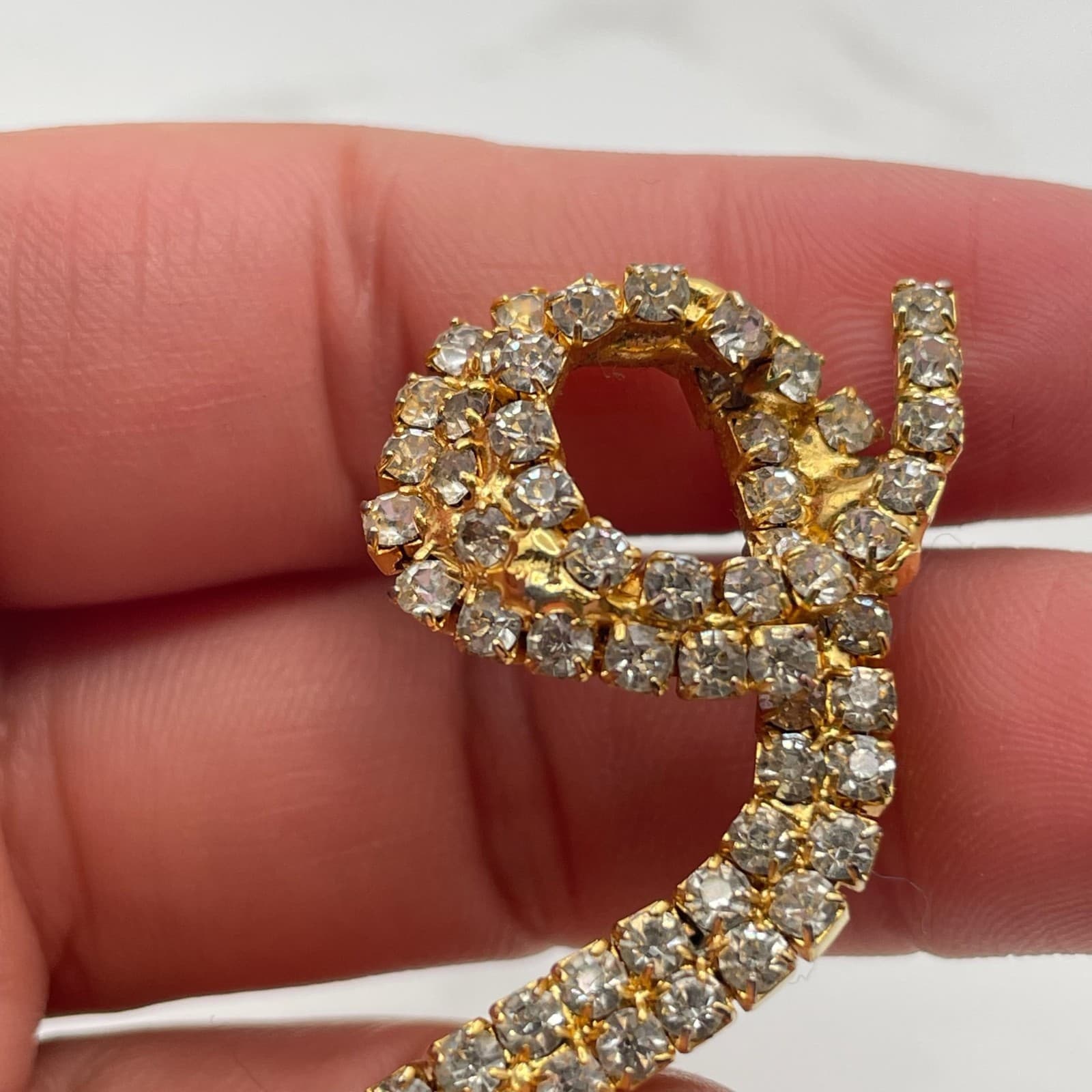 Vintage Gold Tone Brooch Clear Rhinestone Pave Abstract Scroll Snake Design Pin - Thumbnail 6