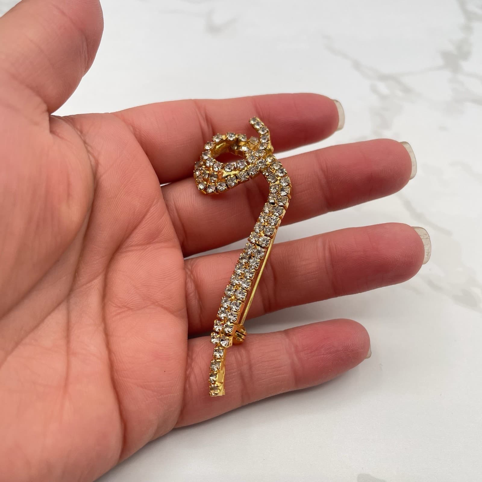 Vintage Gold Tone Brooch Clear Rhinestone Pave Abstract Scroll Snake Design Pin - Thumbnail 3