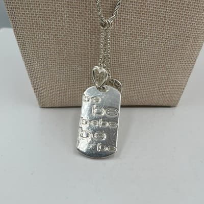 Vintage Silver Tone "Be Be Be" Dog Tag Necklace Heart Charms Rhinestone Accent - Thumbnail 4