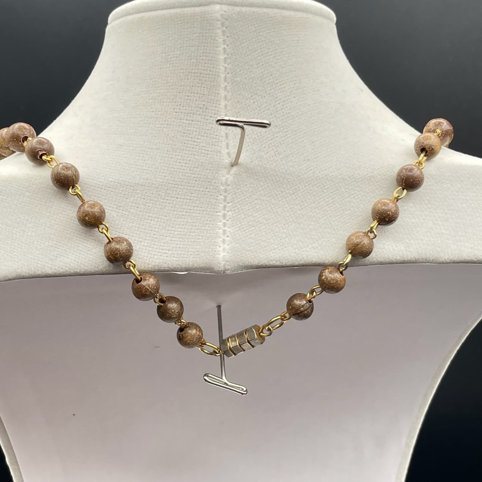 Vintage Womens Brown Wooden Beaded Metal Links 14.5" Long Fashion Necklace - Thumbnail 9