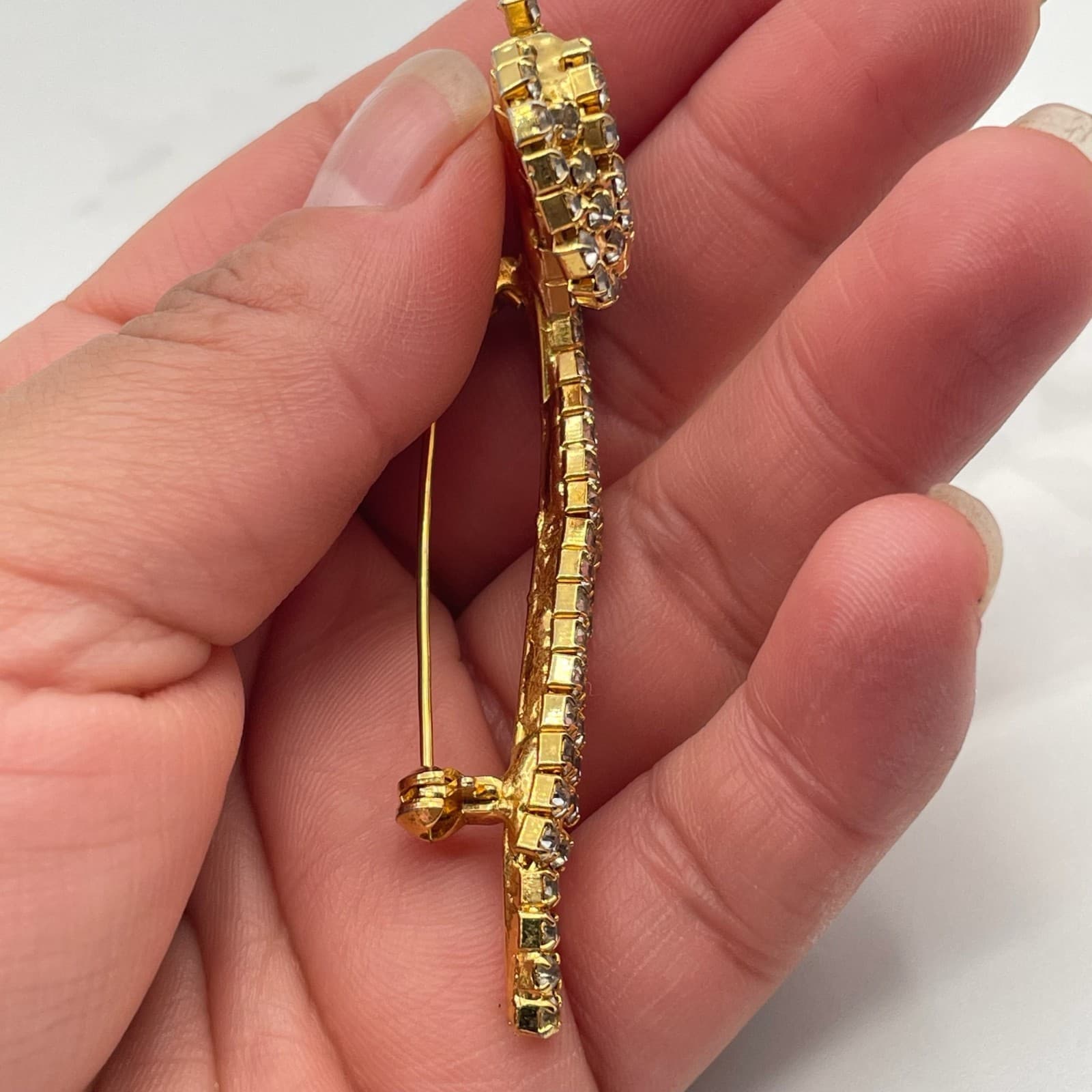 Vintage Gold Tone Brooch Clear Rhinestone Pave Abstract Scroll Snake Design Pin - Thumbnail 8