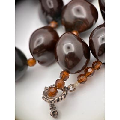 Vintage Chunky Brown Resin Bead Necklace Amber Spacer Beads Toggle Clasp - Thumbnail 9