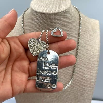 Vintage Silver Tone "Be Be Be" Dog Tag Necklace Heart Charms Rhinestone Accent - Thumbnail 5