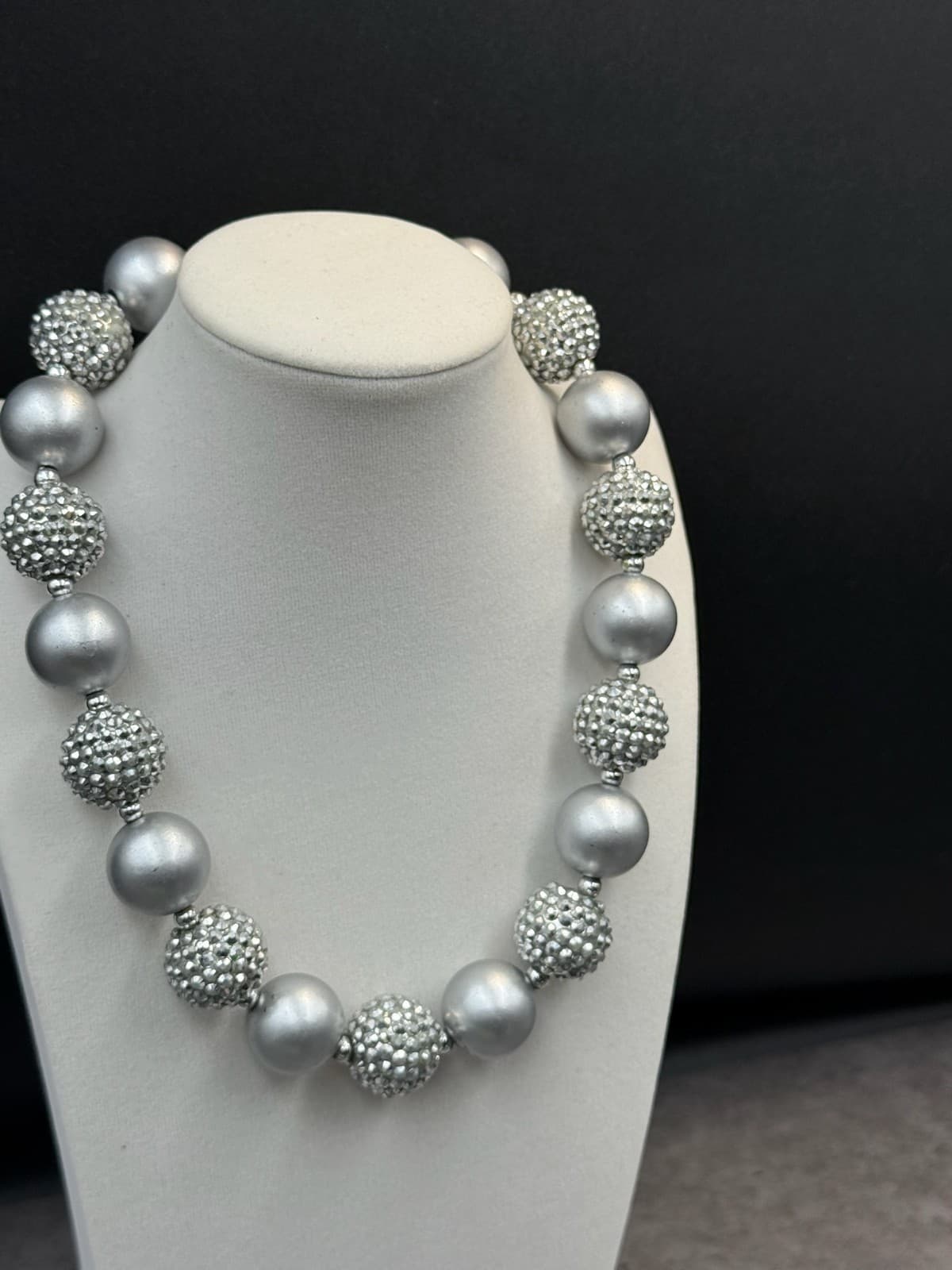 Vintage Chunky Bead Choker Silver Gray Matte Pave Ball Necklace Heart Clasp 16" - Thumbnail 11