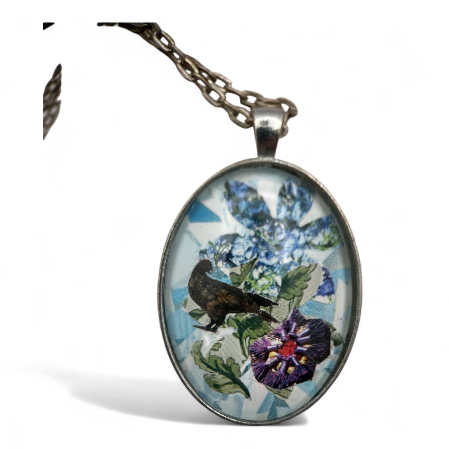 Vintage Raven Crow Gothic Oval Pendant Necklace Cameo, Silver Tone Occult - Thumbnail 4