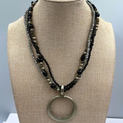 Vintage Black Gray Multi Strand Glass Beaded Necklace Silver Tone Circle Pendant - Image 1