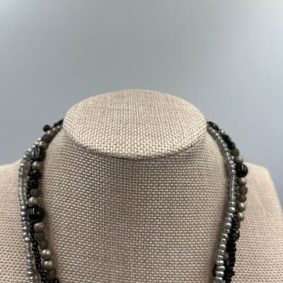 Vintage Black Gray Multi Strand Glass Beaded Necklace Silver Tone Circle Pendant - Thumbnail 2