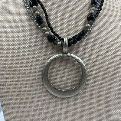 Vintage Black Gray Multi Strand Glass Beaded Necklace Silver Tone Circle Pendant - Thumbnail 3