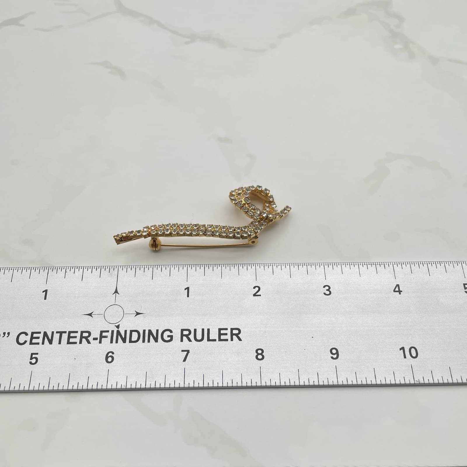 Vintage Gold Tone Brooch Clear Rhinestone Pave Abstract Scroll Snake Design Pin - Thumbnail 2