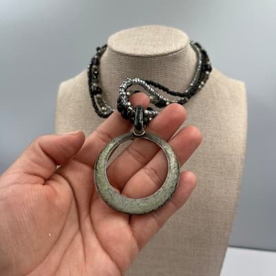 Vintage Black Gray Multi Strand Glass Beaded Necklace Silver Tone Circle Pendant - Thumbnail 4